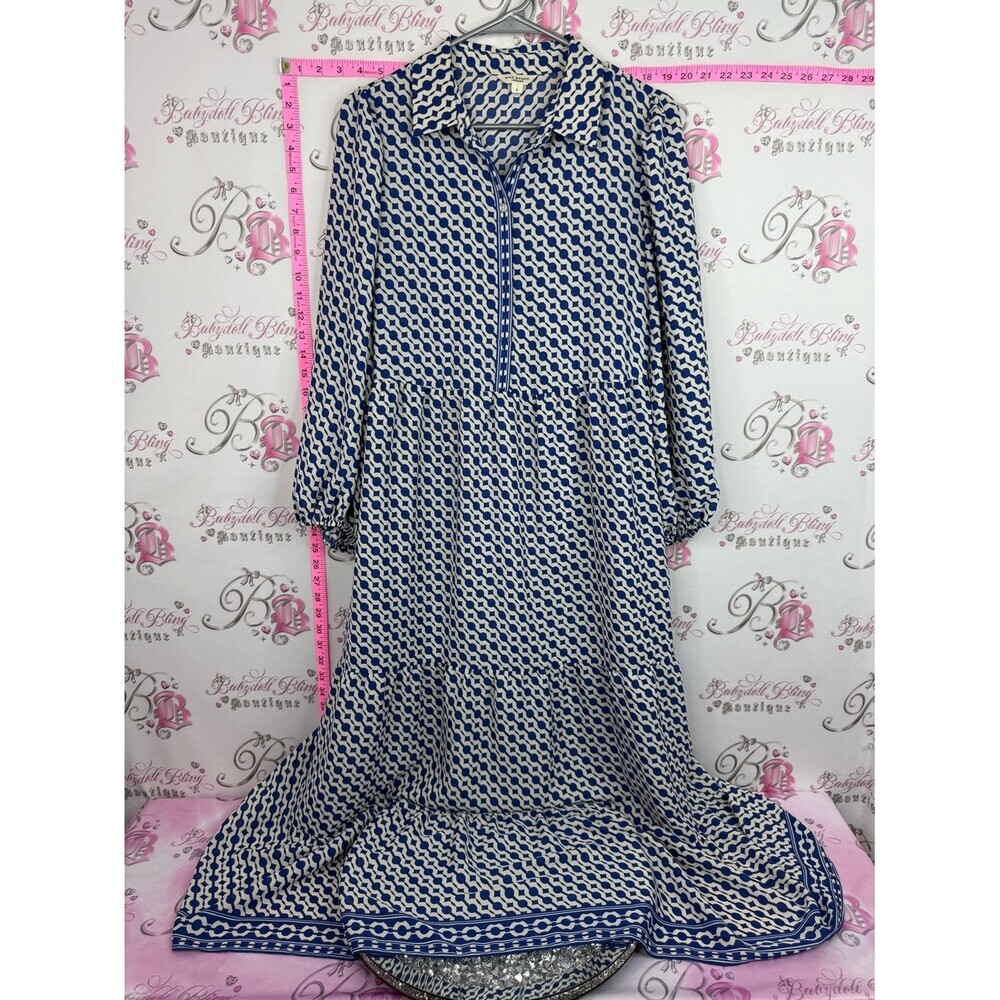 Max studio London dress Women's Blue and White Patterned Long Sleeve Dress